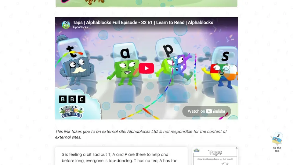 The Alphablocks episode page for Taps, with an embedded video player showing cartoon letter blocks t, a, p and s