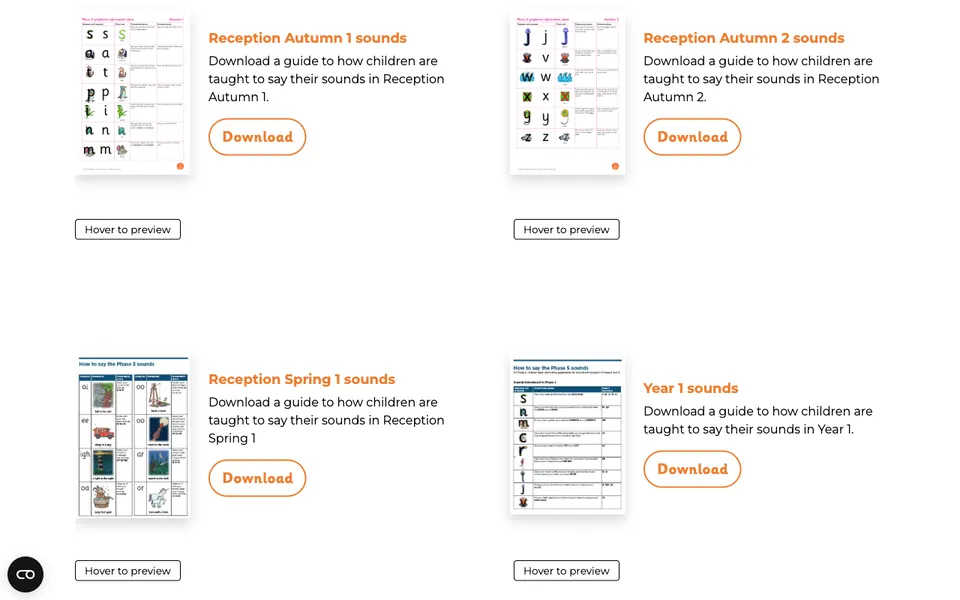 Little Wandle's parent page showing four downloadable guides to the sounds taught in Reception and Year 1, each with letters and small cartoon picture prompts