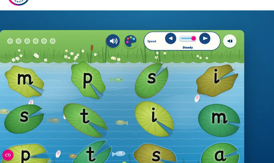 A Monster Phonics pond game in which lily pads carry the letters s, a, t, p, i and m, with a speaker button and a speed control above