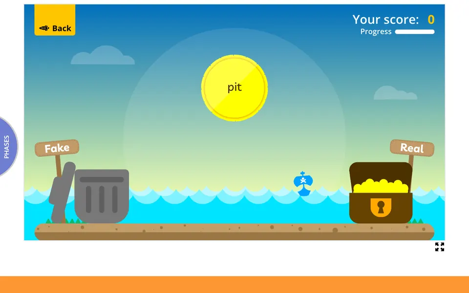 The PhonicsPlay Buried Treasure game: a coin shows the word pit, with a Fake bin on the left and a Real treasure chest on the right