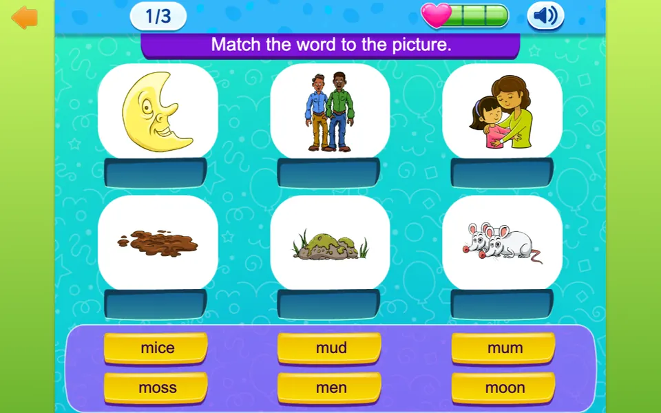 A Reading Eggs sample activity asking the child to match the words mice, mud, mum, moss, men and moon to six cartoon pictures