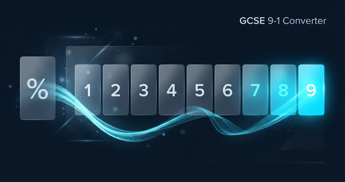 GCSE 9-1 percentage to grade converter showing the grade scale from 1 to 9 with the top grades highlighted