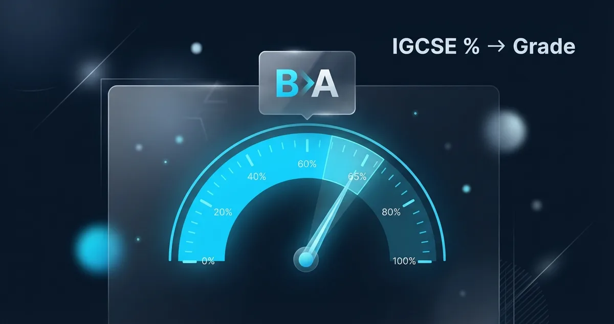 IGCSE percentage to grade converter shown as a gauge reaching 65 percent with a B to A grade upgrade indicator