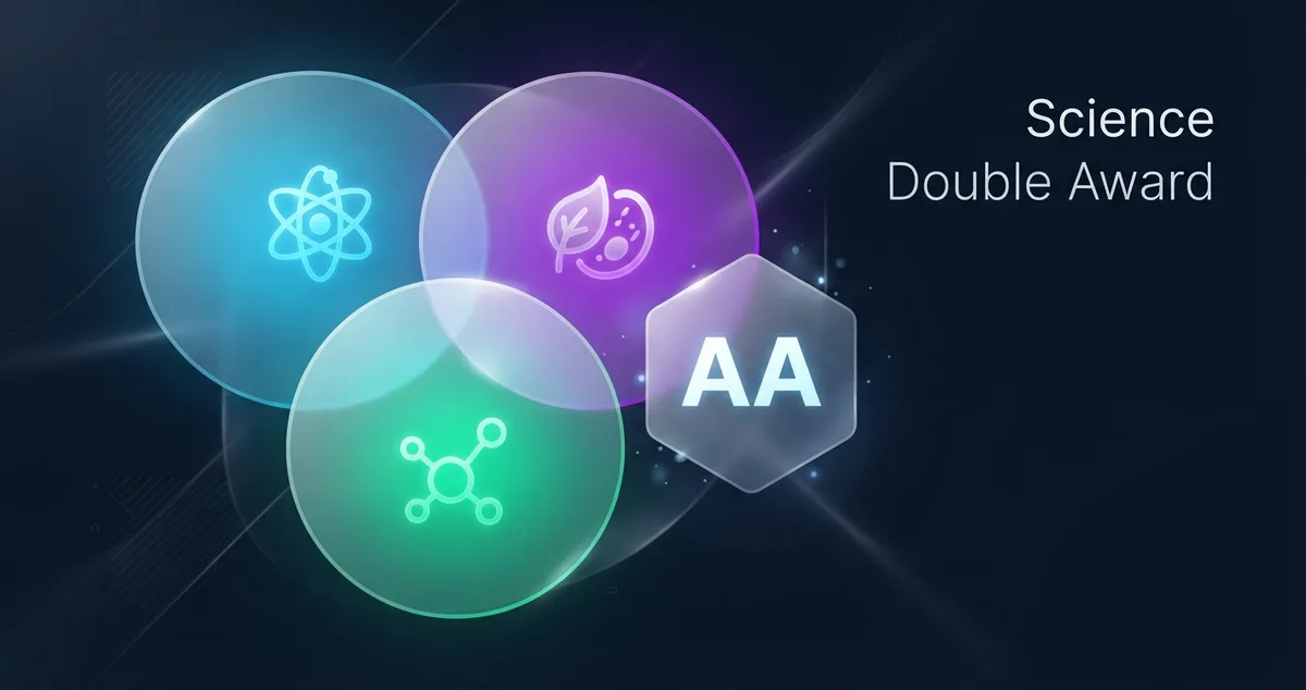 IGCSE science grade calculator showing physics, biology and chemistry combining into a double-award AA grade