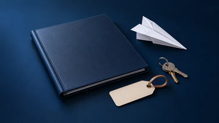 A school report folder, a luggage tag and a paper aeroplane