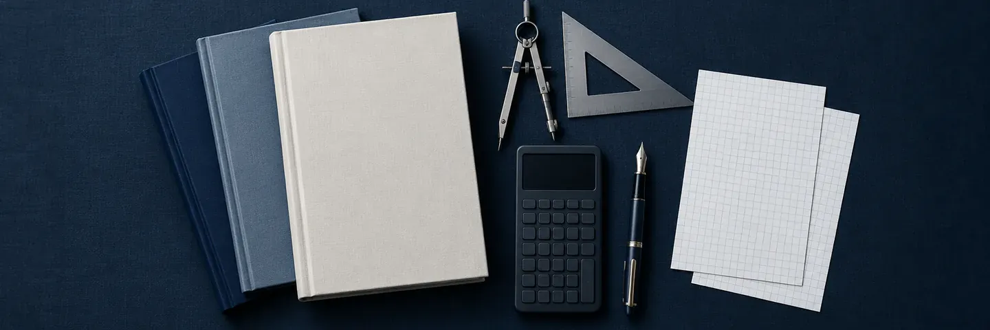 Plain textbooks, a geometry set and a calculator laid out on navy linen