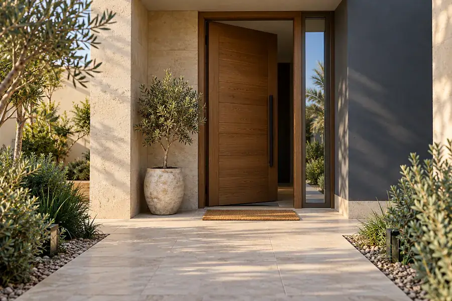 The front door of a Dubai villa in morning light