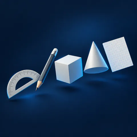 Maths study objects: a protractor, a pencil, a cube and graph paper