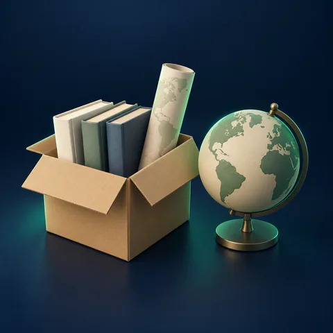 A moving box holding school books beside a desk globe