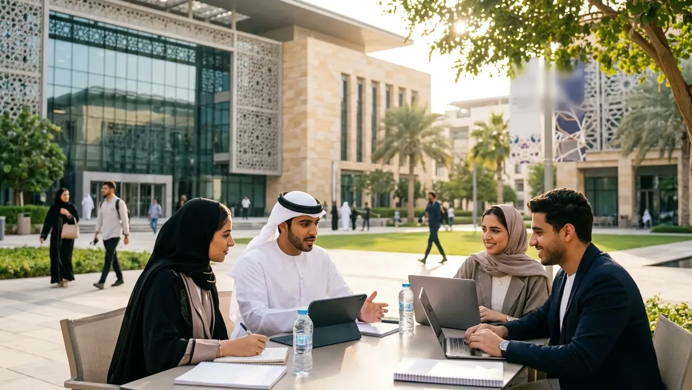 AI-generated illustration of four students talking around an outdoor table on a university-style campus in the late afternoon